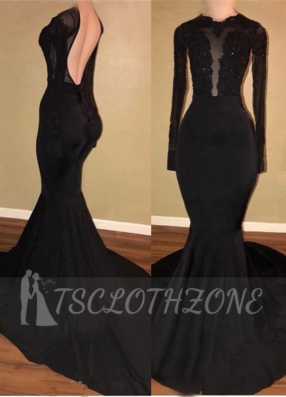 Sexy schwarze Meerjungfrau rückenfreie Ballkleider 2022 mit langen Ärmeln Applikationen Abendkleider