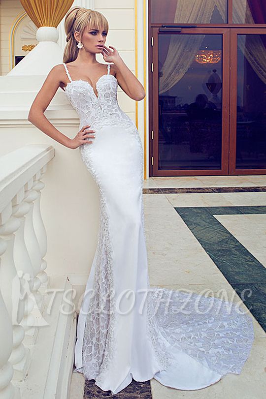 Spaghetti Straps Mermaid Lace Wedding Dresses 2022 Open Back Court Train Bridal Gowns