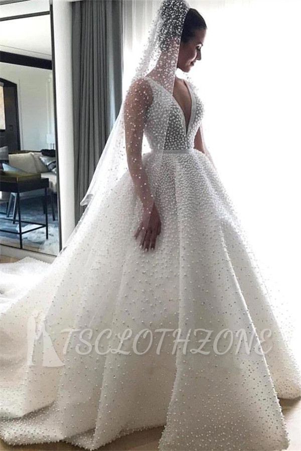V-Ausschnitt, ärmelloses, mit Perlen verziertes königliches Prinzessinnen-Hochzeitskleid online | Luxus-Ballkleidkleider für Hochzeiten