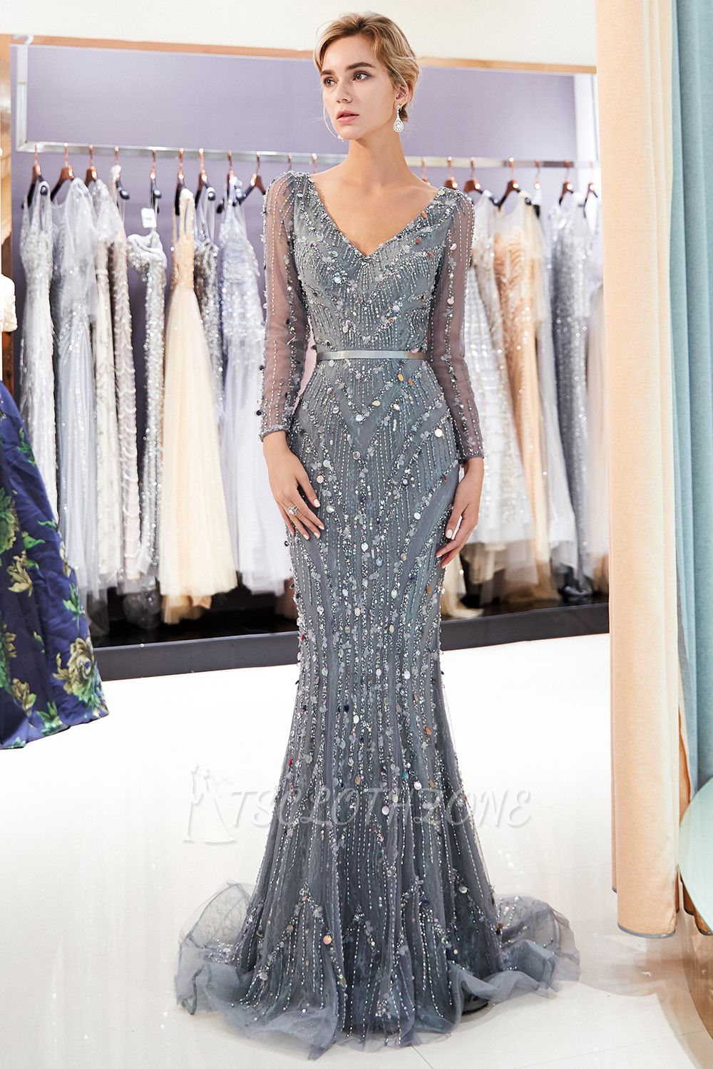 MAVIS | Mermaid Long Sleeves V-neck Sequins Evening Gowns with Sash