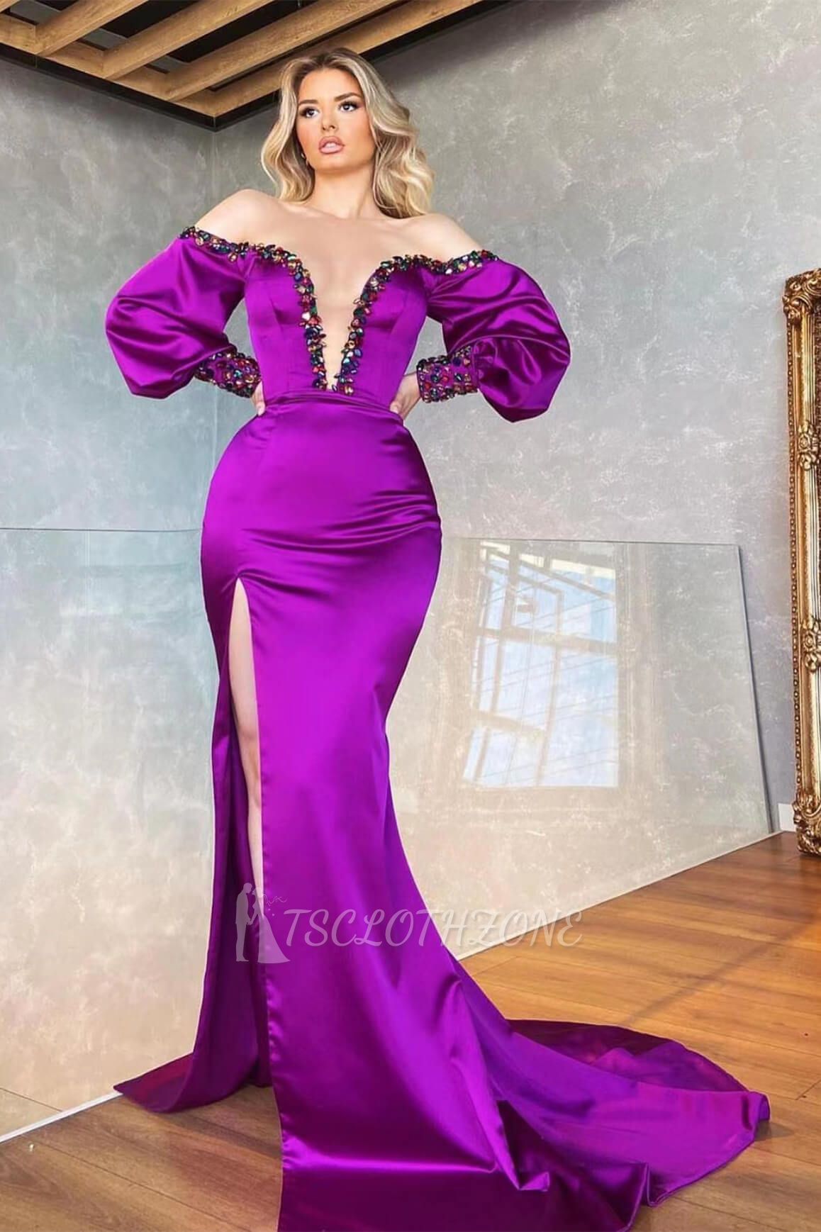 Purple V-neck Bubble sleeves Mermaid Prom Dresses
