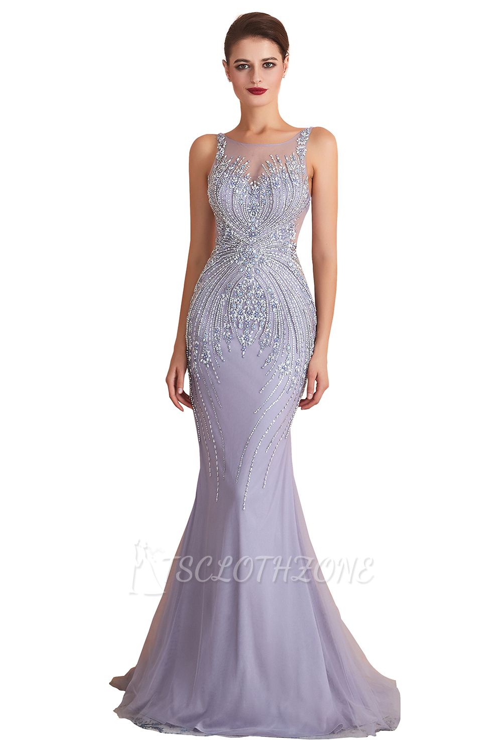 Chipo | Luxury Illusion neck Lavender White Beads Prom Dress Online, Expensive Low back Column Evening Gowns