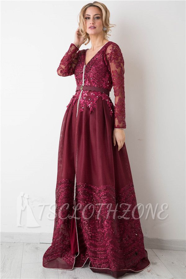 Burgundy Long Sleeve Evening Dress 2022 V-neck Beads Lace Appliques Popular Prom Dresses
