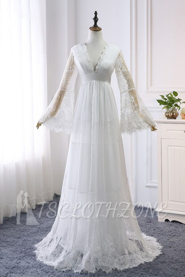 Chic Empire Lace Tulle Wedding Dress | Long Sleeves V-Neck Appliques Bridal Gowns