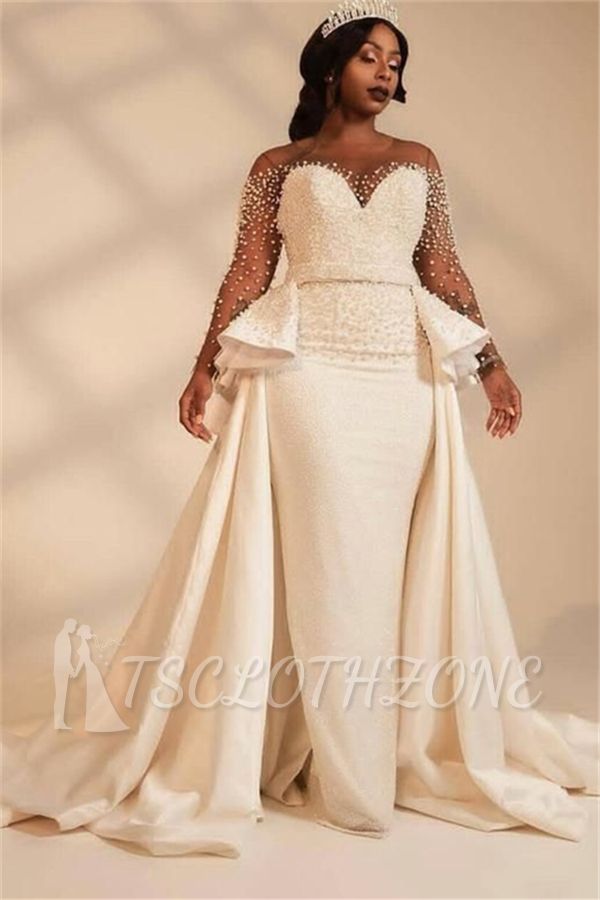 Ivory Sweetheart Mermaid Thick Satin WEdding Dress with overskirt