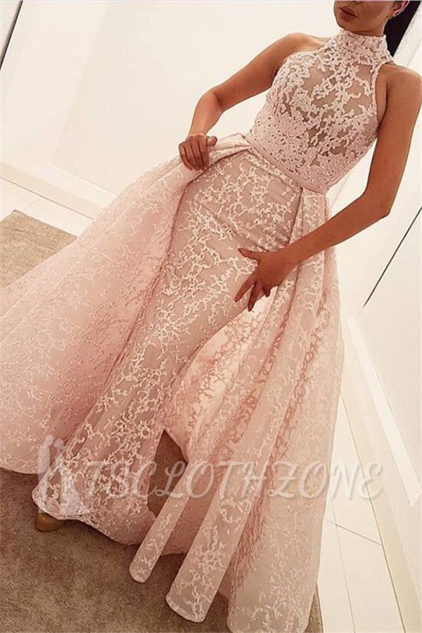 High Neck Sleeveless Lace Stunning Evening Dress | Illusion Puffy Overskirt Column Popular Prom Dress