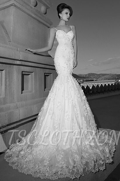 Spaghetti Straps Lace Wedding Dresses 2022 Sweep Train Mermaid Bridal Gowns