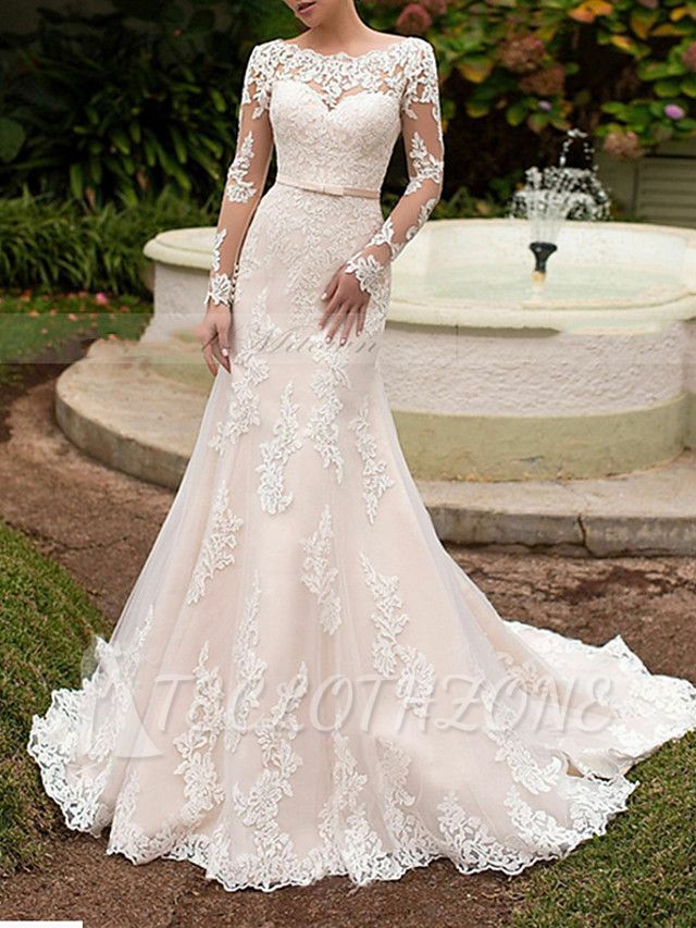 Formal Mermaid Wedding Dresses Off Shoulder Tulle Long Sleeve Plus Size Bridal Gowns with Sweep Train