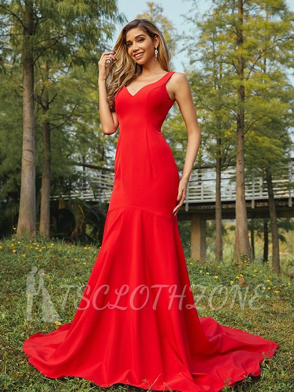 Red V-Neck Long Evening Dress | Simple Evening Dress