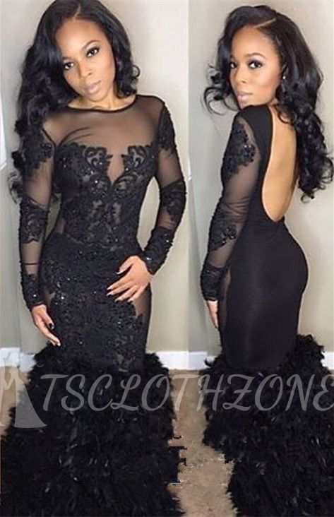 Sexy schwarze Meerjungfrau Abendkleid | Lange Ärmel Spitze Abendkleider