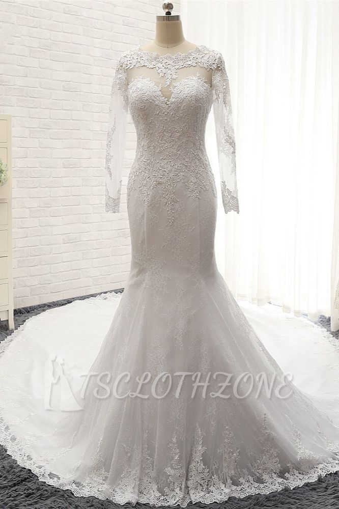 TsClothzone Stunning Jewel Long Sleeves Tulle Lace Wedding Dress Mermaid Jewel Appliques Bridal Gowns On Sale