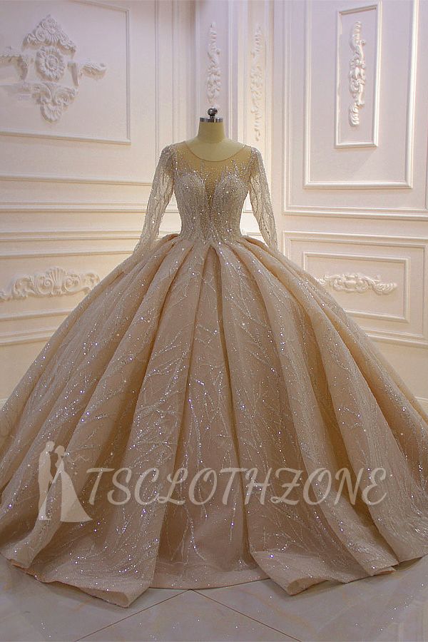Glänzendes Duchesse-Tüll-Juwelen-Hochzeitskleid mit langen Ärmeln und Rüschen