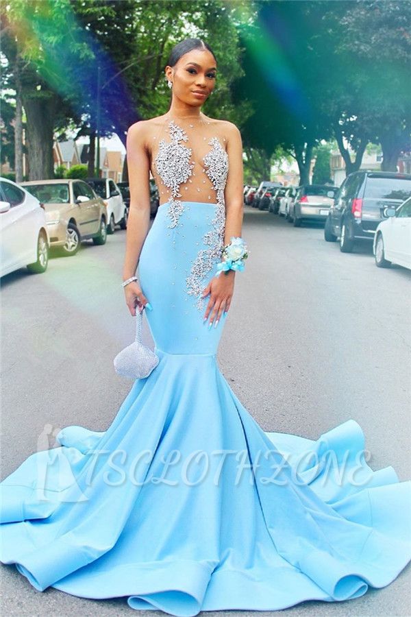 Sky Blue Sexy Prom Dresses Cheap for Juniors | Mermaid Sheer Tulle Crystals Evening Gowns