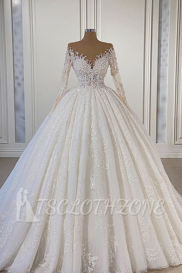 Wunderschönes trägerloses Ballkleid-Hochzeitskleid aus Spitze mit langen Ärmeln