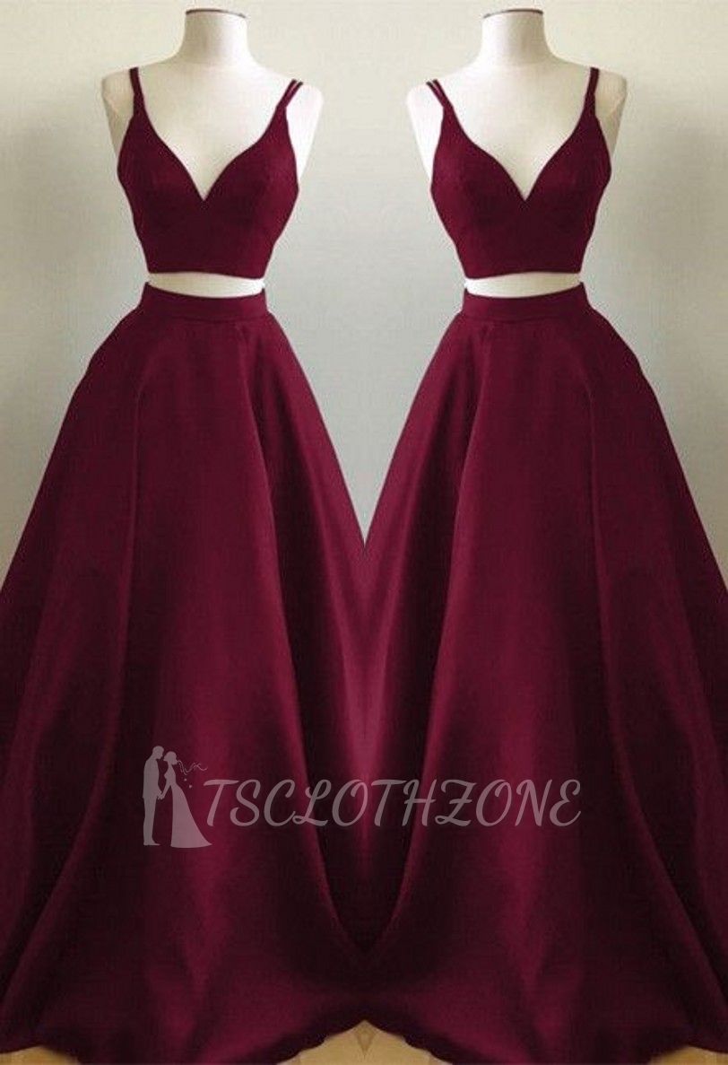 Burgundy A-line Straps Two Piece Formal Dress 2022 Sleeveless Elegant Prom Dress