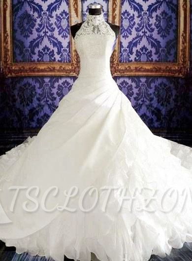 High Neck White Sheath Halter Organza Wedding Dresses Court Train Fitted Unique Plus Size Bridal Gowns with Beadings