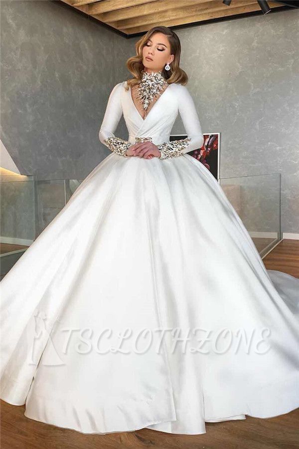 Langarm weißes Ballkleid V-Ausschnitt Luxus Brautkleider Online