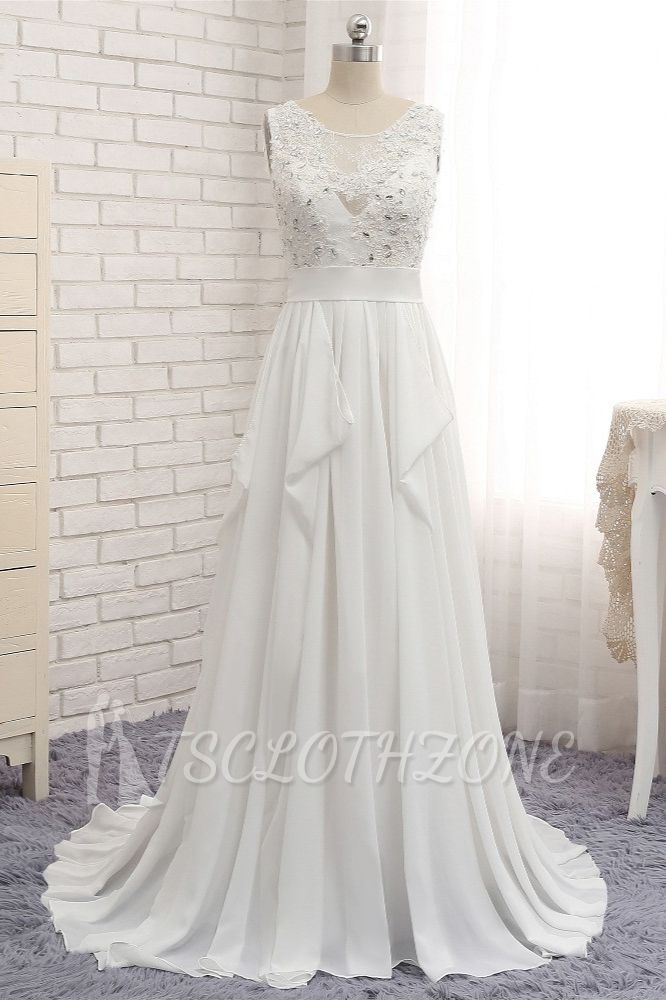 TsClothzone Erschwingliches Juwel Weißes Chiffon-Rüschen-Hochzeitskleid Ärmellose Applikationen Brautkleider mit Perlenstickerei