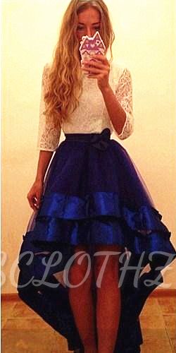 Hi-lo Lovely Organza 2022 Popular Prom Dresses with Lace 3/4 Sleeve Cute Evening Dresses