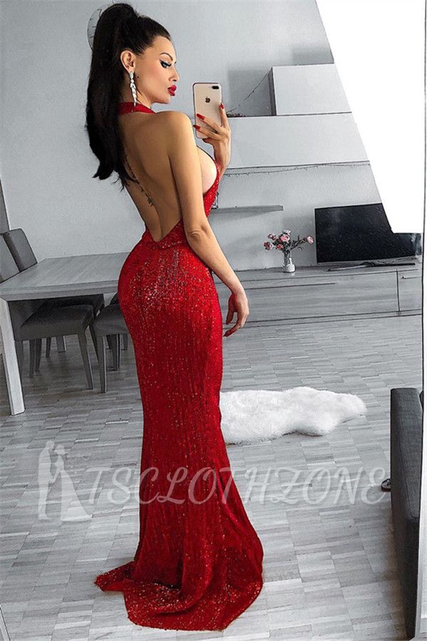 2022 Sexy Red High Neck Prom Dresses | Cheap Backless Sheath Evening Dresses