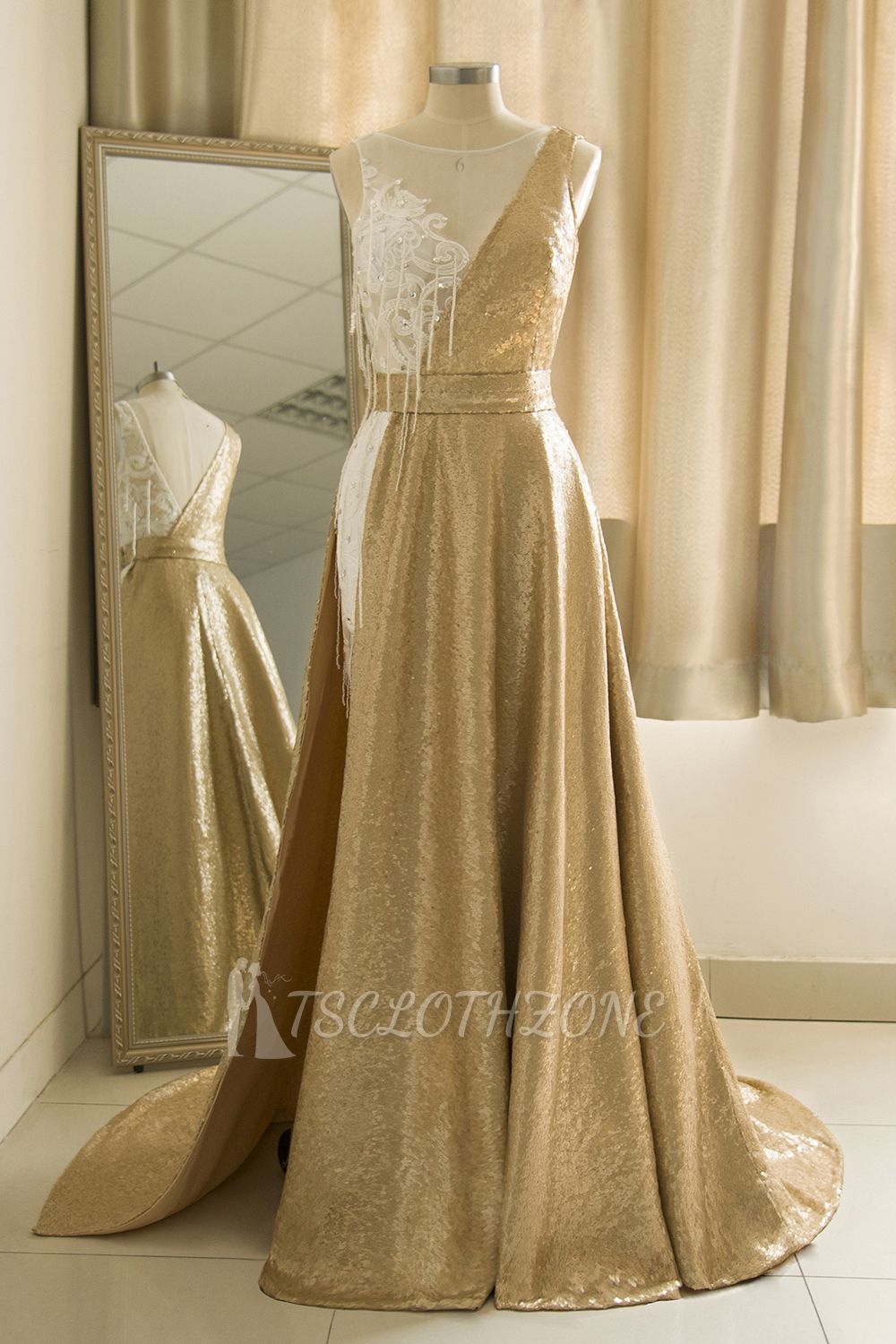 Sparkle Gold One shoulder Lace Sequined Prom Dress with Belt