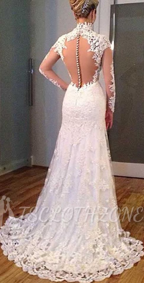 New Arrival Sheath High Collar Lace Wedding Dress Long Sleeve Custom Made Bridal Gown