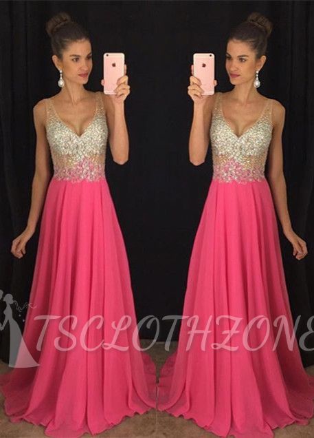 V-Neck Glamorous Chiffon Sleeveless A-Line Crystal Sexy Prom Dress 2022