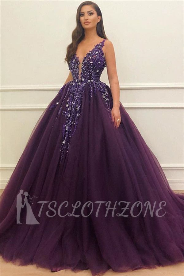 Straples Purple Beads Sequins Appliques Prom Dresses 2022 | Sleeveless V-neck Puffy Tulle Cheap Evening Gowns