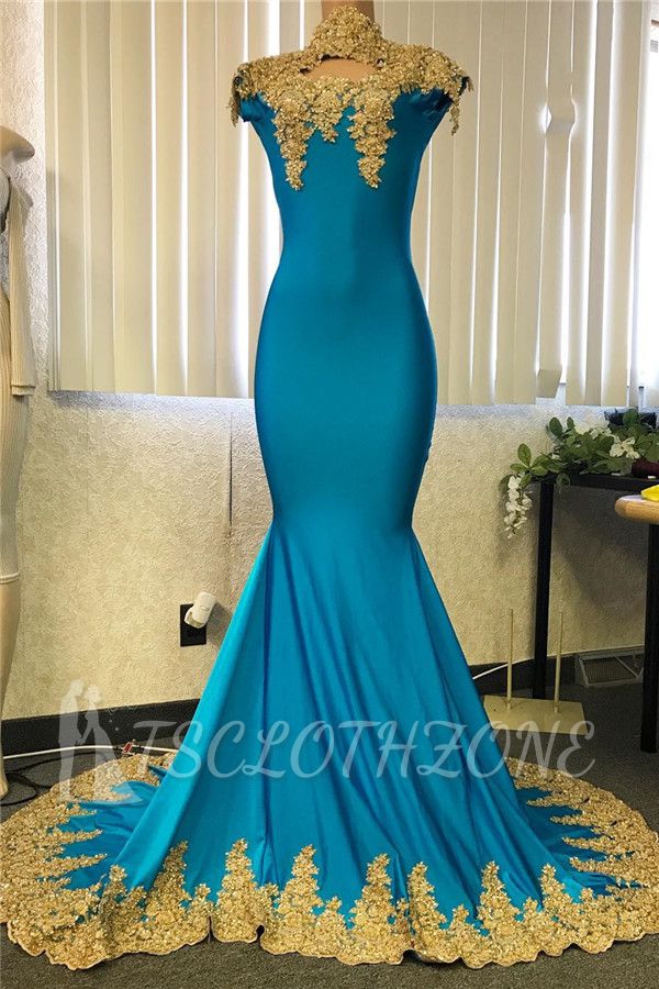 High Neck Mermaid Gold Lace Prom Kleider Günstige 2022 | Mantel Sexy Abendkleider mit Schlüsselloch