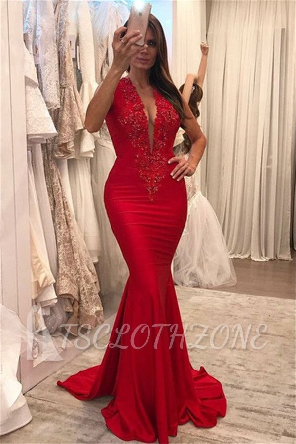 Red V-Neck Sexy Evening Dresses | Long Sleeveless Cheap Prom Dresses 2022