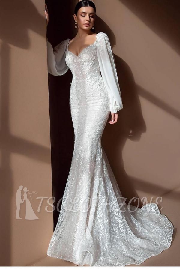 Elegant White Floral Mermaid Wedding Gown Long Sleeve Sweetheart Bridal Gown