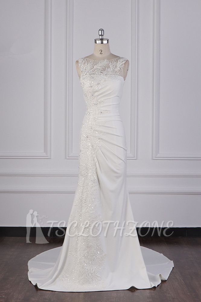 TsClothzone Gorgeous Jewel Mermaid Satin Wedding Dress Sleeveless Ruffles Appliques Beadings Bridal Gowns Online