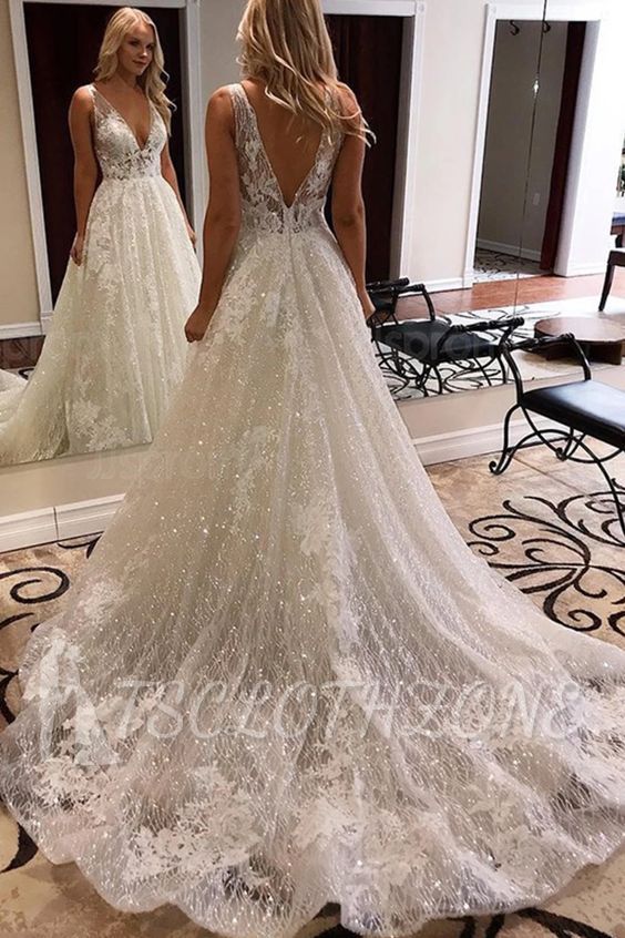 Aparking V-Neck Lace Appliques Wedding Dresses | Sexy A-line Backless Straps Bridal Gowns