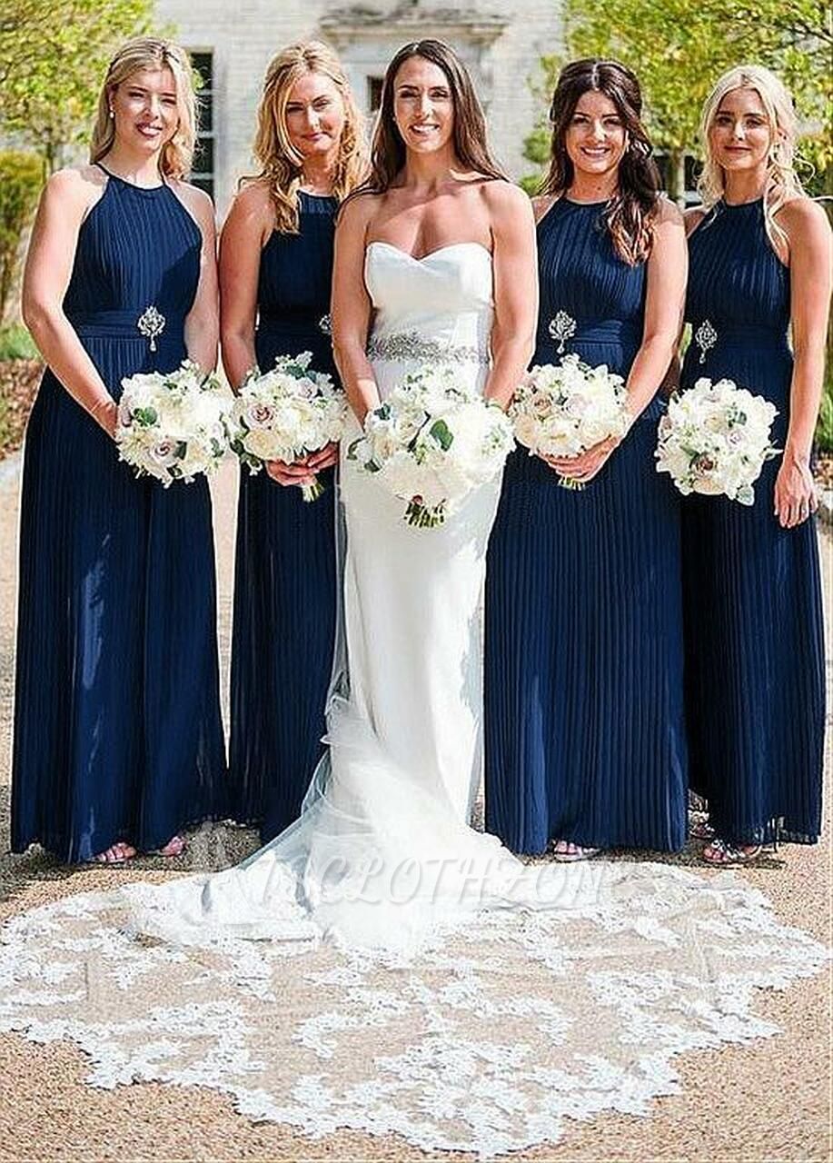 Chiffon jewel Dark Blue Pleats A-line Bridesmaid Dress With Beadings