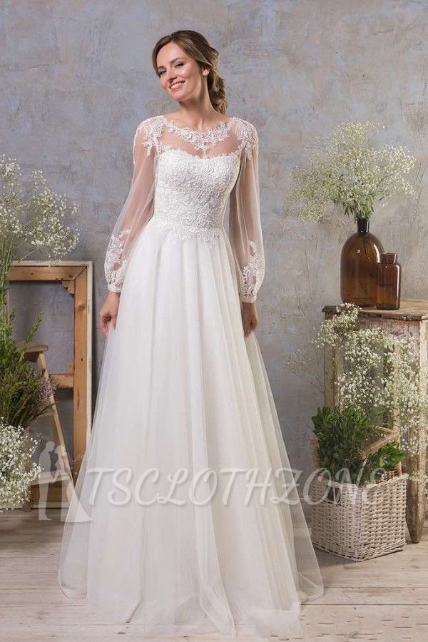 Elegant Puffy Sleeves A-line Tulle Simple Wdding Dress