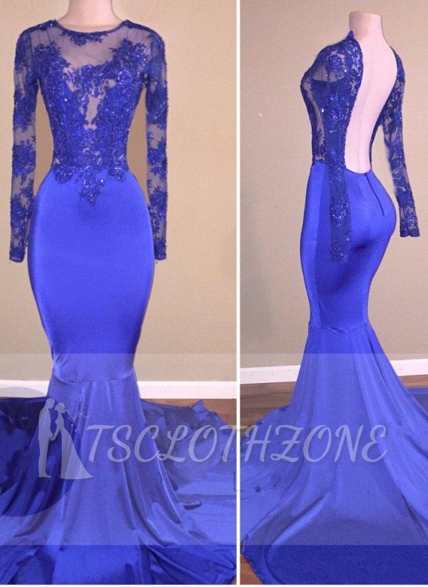 Royal-Blue Long-Sleeves Open-Back Mermaid Sparkly Sheer Prom Dresses