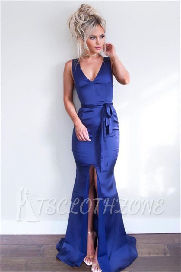 2022 Royal Blue V-Neck Sheath Evening Dresses | Sleeveless Front Split Formal Dresses