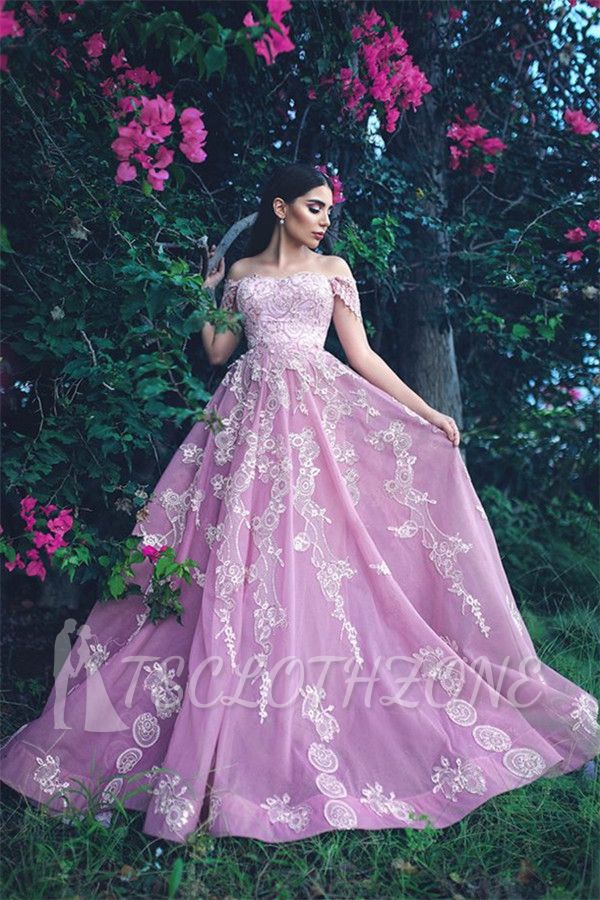 Gorgeous Off The Shoulder Lace Appliques Evening Dresses | Pink Beads Sequins Prom Dresses