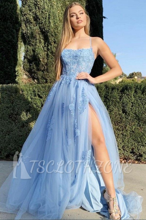 Sky blue High split a-line ball gown prom dress with lace appliques