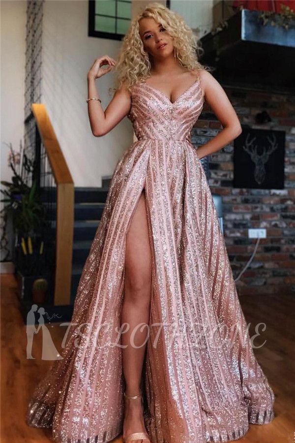 Sparkly Champagne Pink Sequins Prom Dresses Cheap | Sexy Split Spaghetti Straps Evening Gowns 2022