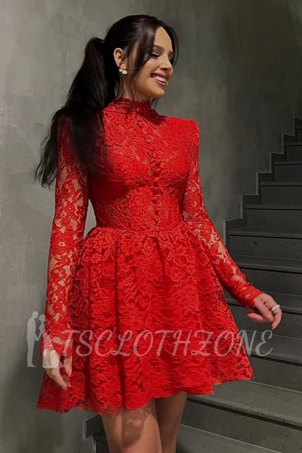 Red A Linie Short Long Sleeve Lace Cocktail Dress Party Dresses