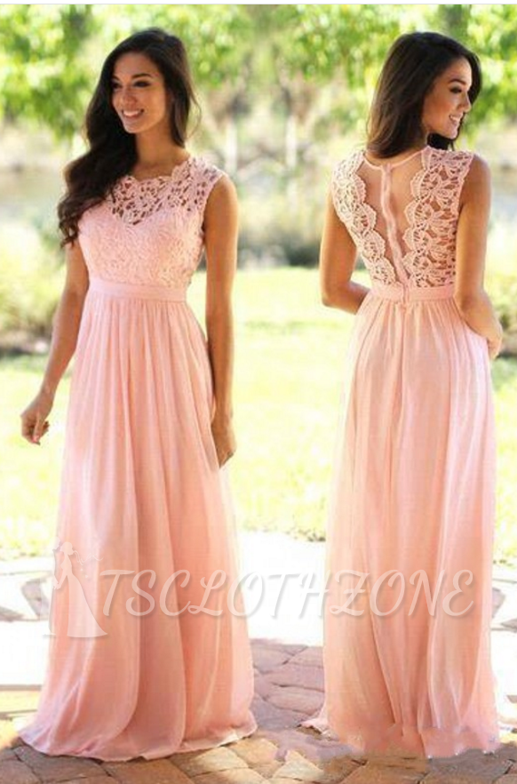 Long Pink Lace Sleeveless Sheer-Back Chiffon Evening Dress