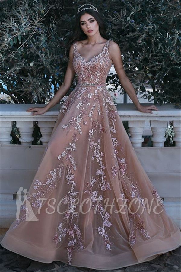 Romantic V-neck Sleeveless Champagne Pink Prom Dresses Appliques | Sparkle Beads Sequins Evening Gown