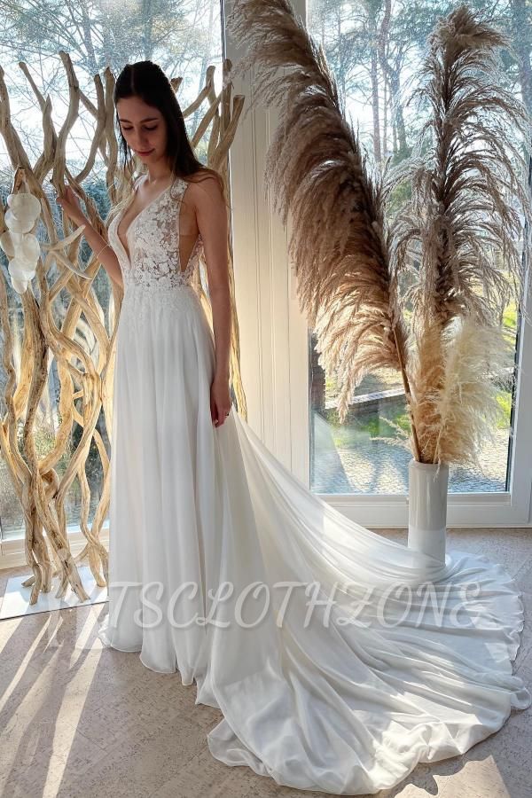 Elegantes Blumenspitze-Hochzeitskleid Aline Einfaches Brautkleid ärmellos