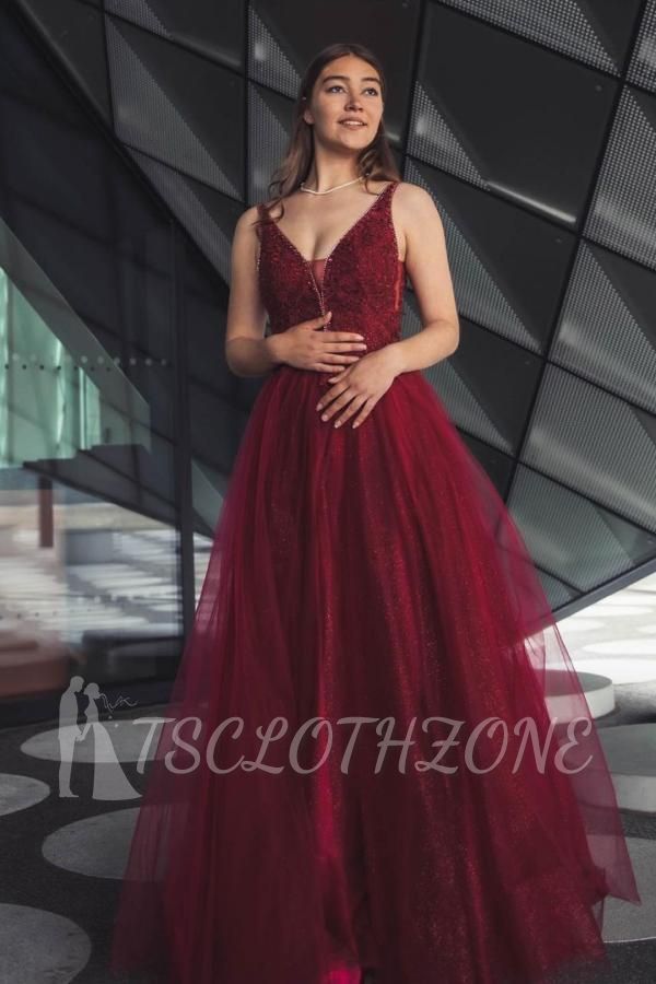 Gorgeous Burgundy V-Neck Tulle Evening Prom Dress Floral Lace Aline Gown