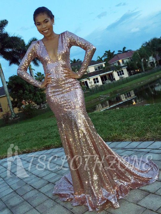 V-Neck Glamorous 2022 Prom Gowns Long Sleeve Sequins Mermaid Evening Dress