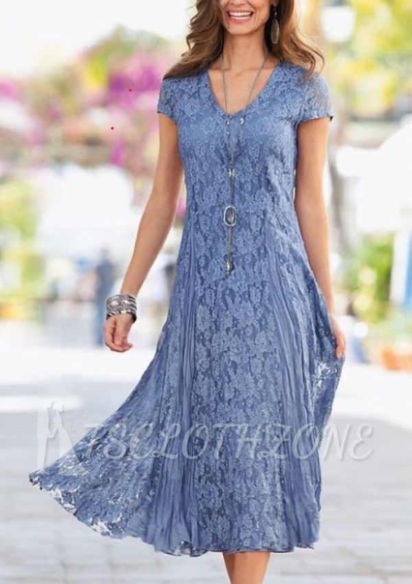 Wunderschönes blaues Brautmutterkleid aus Spitze | Mutterkleid mit V-Ausschnitt