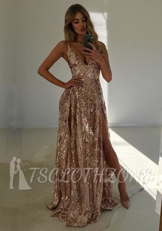 Gorgeous V-Neck Sequins Evening Dress | Prom Dress With Slit