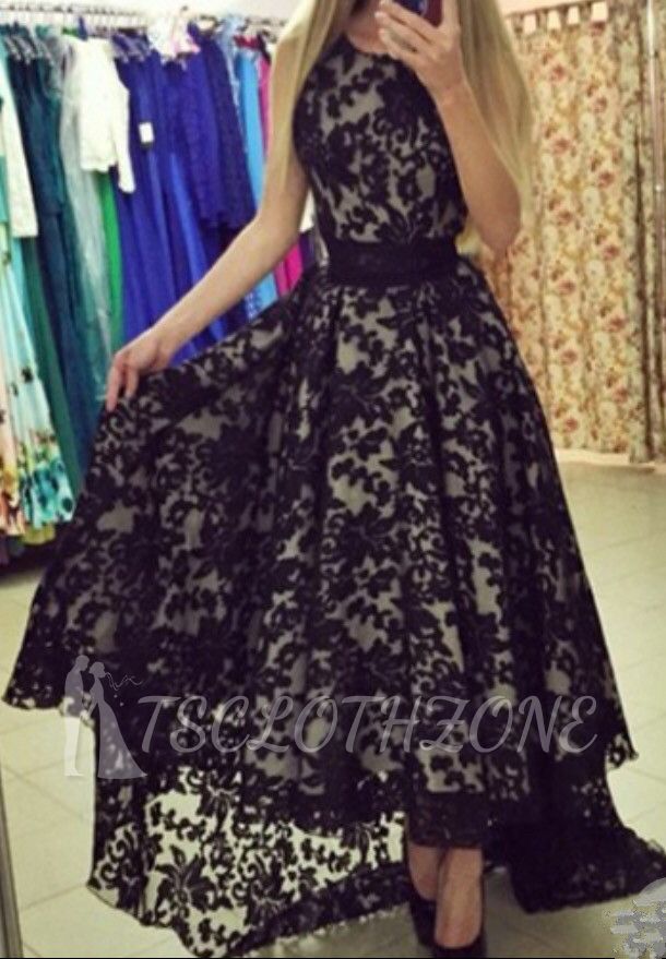 A-Line Black Hi-Lo Lace Prom Dress Latest Custom Made Sleeveless Belt Long Evening Dress