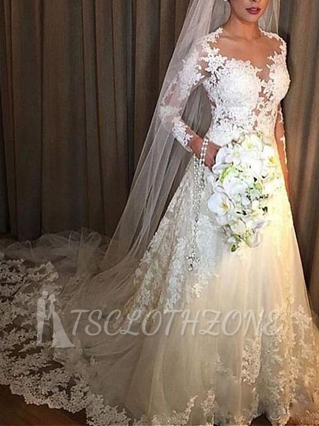 A-Line Wedding Dress V-neck Lace Tulle Long Sleeves Bridal Gowns with Court Train